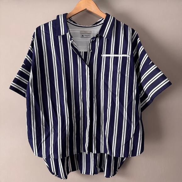 Le Phil Thomas Mason Button Front Blue White Striped Short Sleeve Blouse Japan - Picture 1 of 9